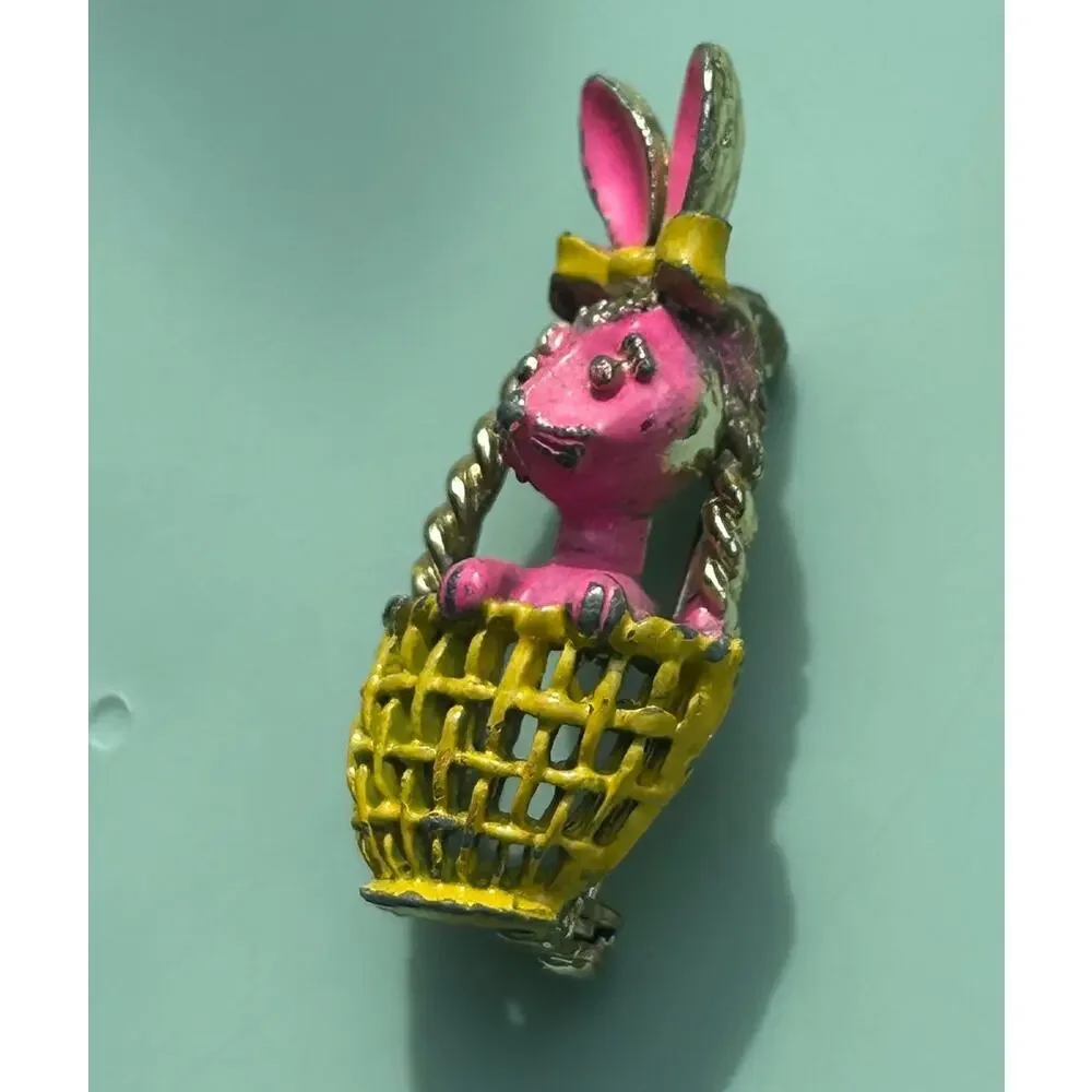 Vintage Hand-Painted Enamel Bunny in Basket Brooch | Easter Pink Rabbit Pin